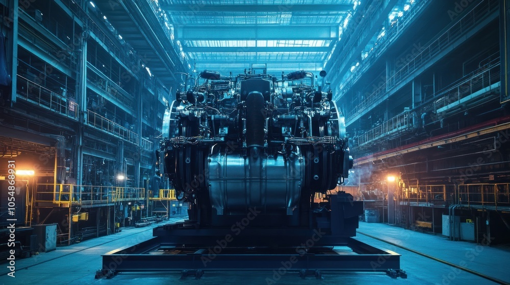 Industrial engine room interior. Industrial power plant main generator with enormous diesel engine. high voltage industrial diesel generator at a power generation plant Industrial engine room interior. Industrial power plant main generator with enormous diesel engine. high voltage industrial diesel generator at a power generation plant