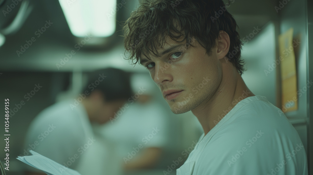 Fototapeta premium young man with tousled hair stands in kitchen, holding papers and looking intently at camera. atmosphere is focused and intense, reflecting high pressure environment of professional kitchen