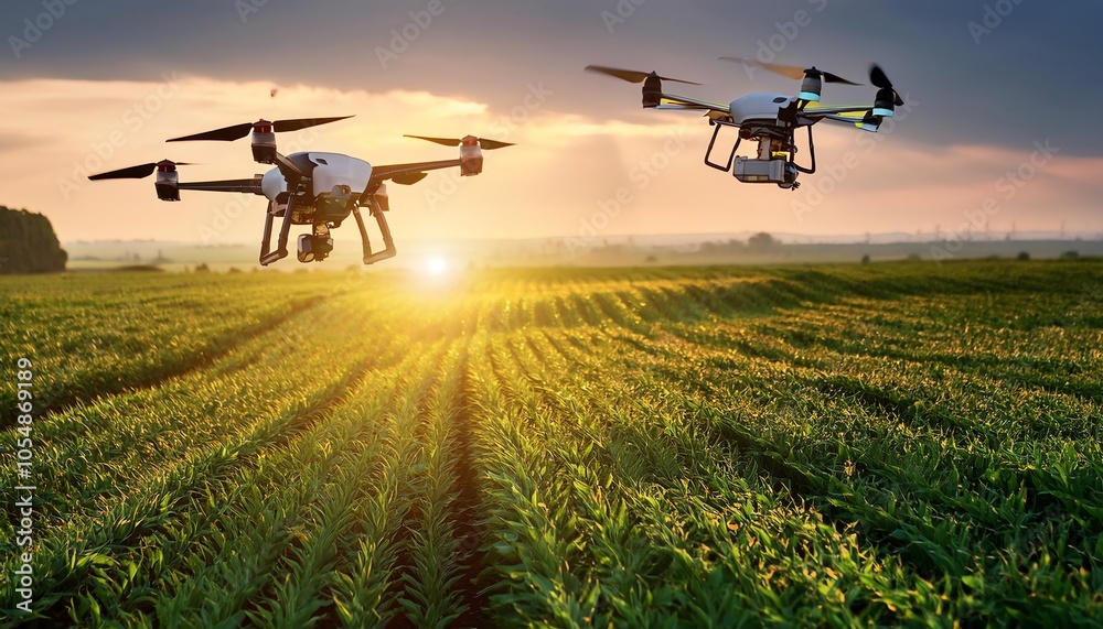 Two drones fly over a lush green field at sunset, highlighting the innovative use of technology in agriculture. Two drones fly over a lush green field at sunset, highlighting the innovative use of technology in agriculture.
