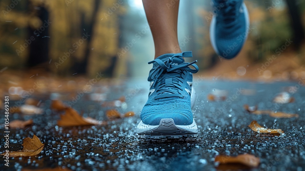 A close-up of a blue running shoe on a wet road surrounded by autumn leaves. A close-up of a blue running shoe on a wet road surrounded by autumn leaves.