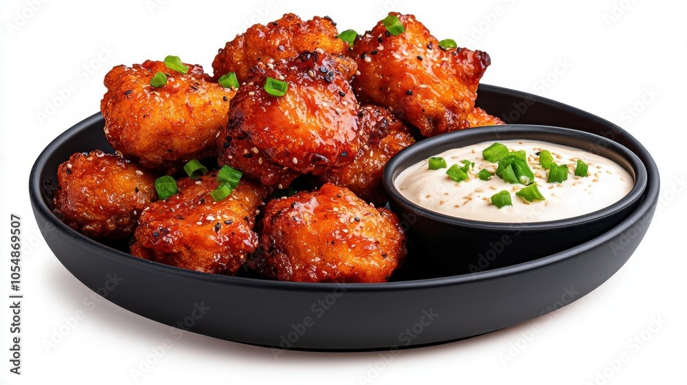 A photostock of Korean fried chicken on a white background, crispy and coated. A photostock of Korean fried chicken on a white background, crispy and coated.