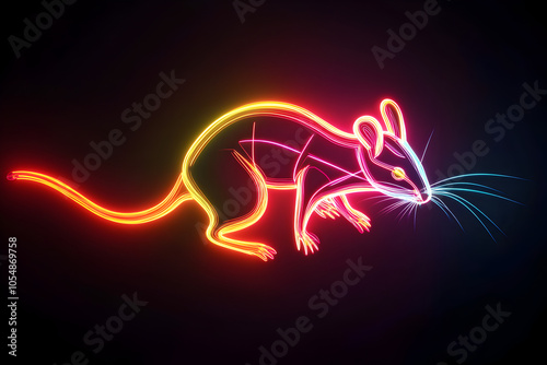 A high-tech portrayal of a kangaroo rat with neon highlights showing its swift movements on a black background.