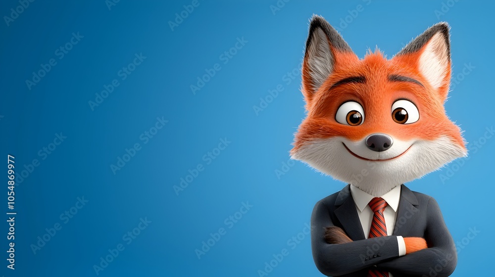 Confident and Composed Fox Character Dressed in a Formal Business Suit Standing at a Desk in a 3D Setting Confident and Composed Fox Character Dressed in a Formal Business Suit Standing at a Desk in a 3D Setting