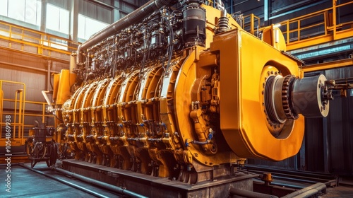 Industrial engine room interior. Industrial power plant main generator with enormous diesel engine. high voltage industrial diesel generator at a power generation plant