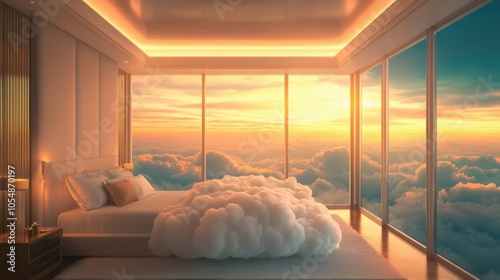 A serene bedroom with a fluffy cloud bed, glass walls, and a stunning sunset view over the clouds, creating a dreamy atmosphere.