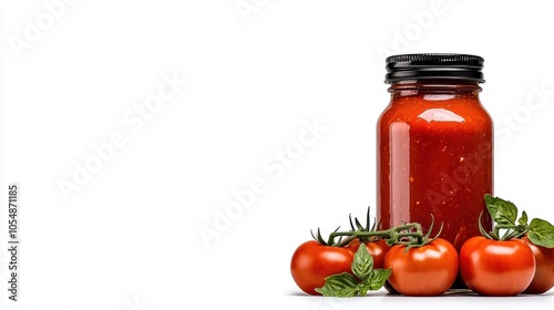 A photostock of a jar of tomato sauce on a white background, rich and fresh. photo