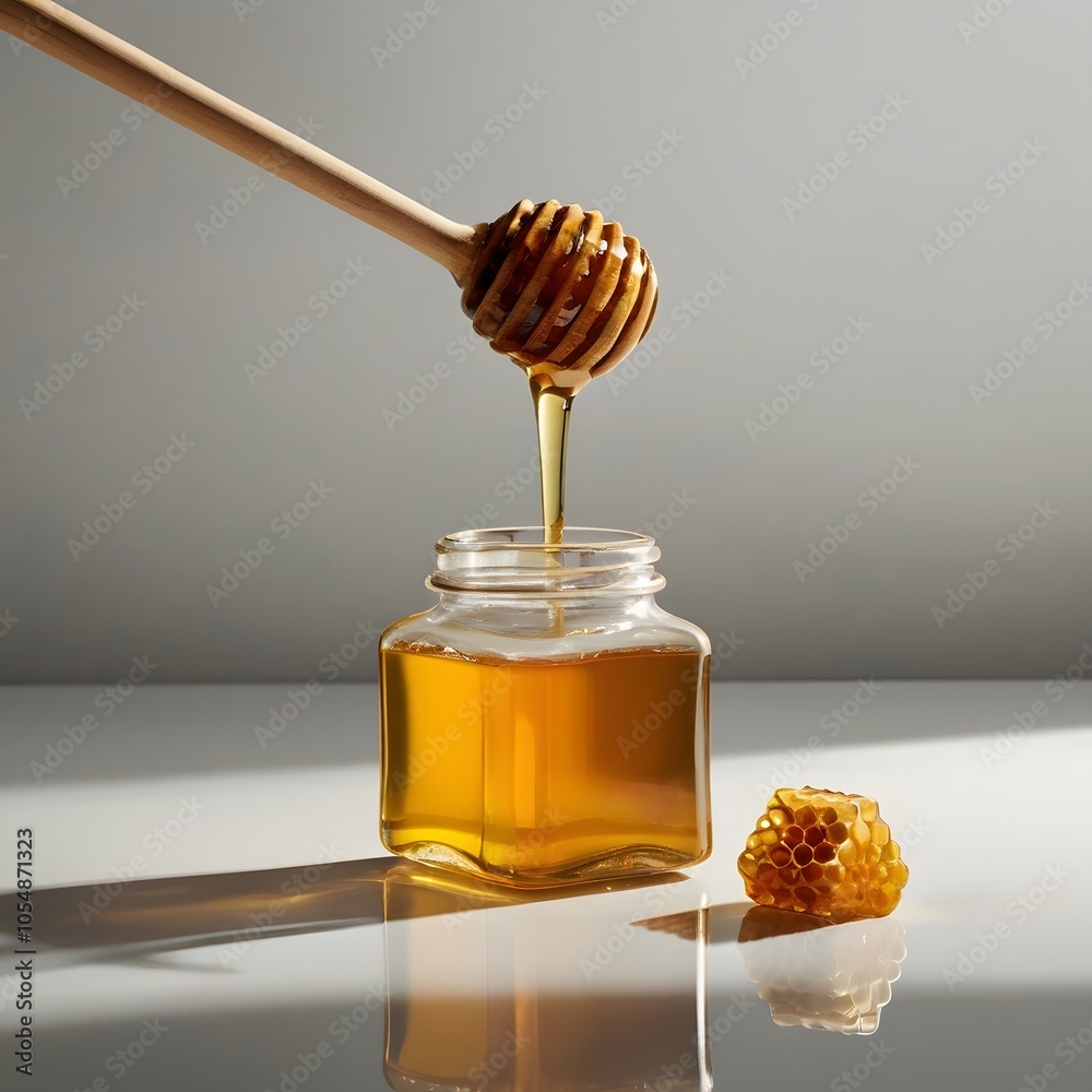 Golden honey dripping from a glass jar with a wooden dipper Golden honey dripping from a glass jar with a wooden dipper