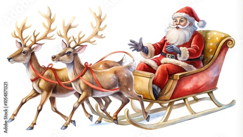 watercolor santa claus ride sleigh with reindeer