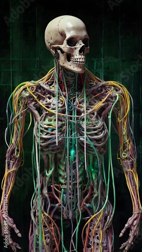 3D illustration of a human skeleton showing anatomy with skull, bones, and spine in a medical and spooky x-ray style photo