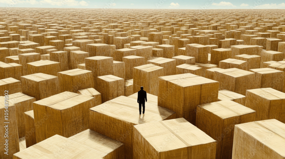 Fototapeta premium lone figure stands atop large wooden box in vast landscape filled with countless wooden boxes, evoking feelings of isolation and contemplation