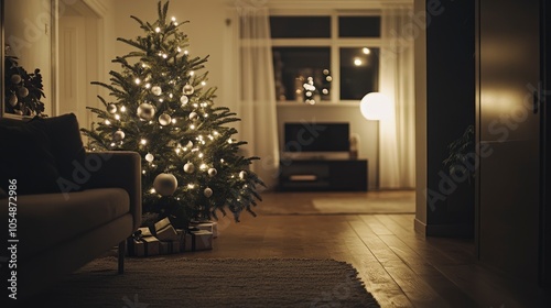 A stylish living area featuring a minimalist tree with white lights and silver decor, accented by warm, modern touches. photo