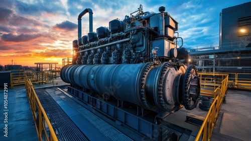 Industrial engine room interior. Industrial power plant main generator with enormous diesel engine. high voltage industrial diesel generator at a power generation plant