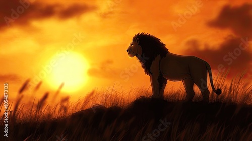 Proud lion surveying its territory in the sunset.