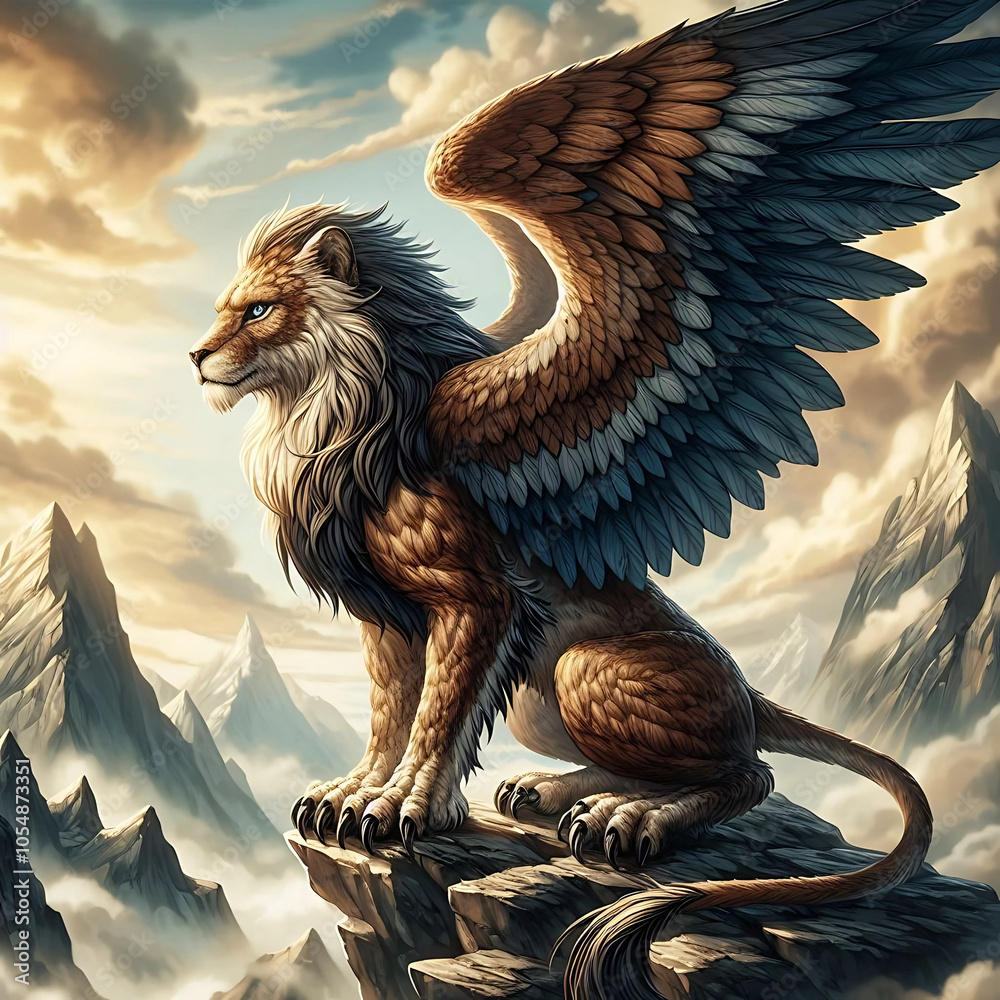 Fantasy landscape with an eagle on a rock and stormy sky Fantasy landscape with an eagle on a rock and stormy sky