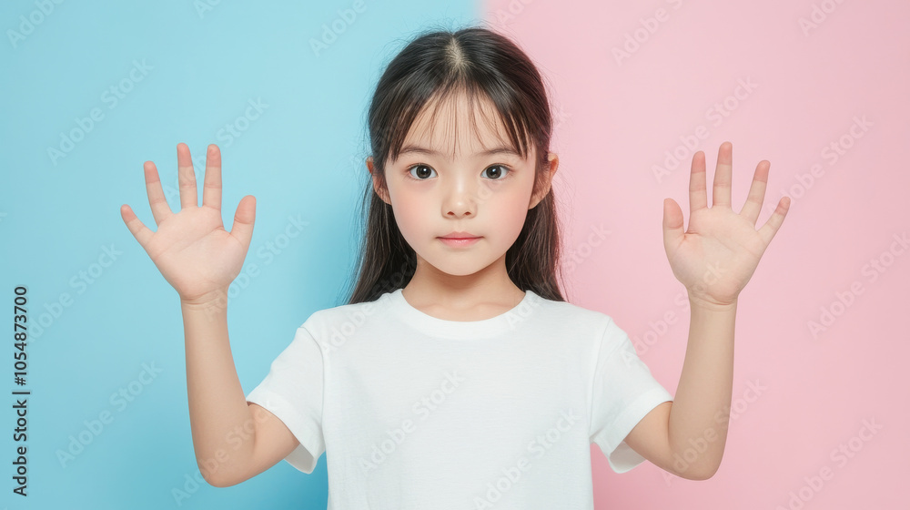 Young Asian girl wearing a blank white t-shirt with hands in the air like she refuses and avoids things or have hands in the air before getting arrested isolated on a colorful background Young Asian girl wearing a blank white t-shirt with hands in the air like she refuses and avoids things or have hands in the air before getting arrested isolated on a colorful background