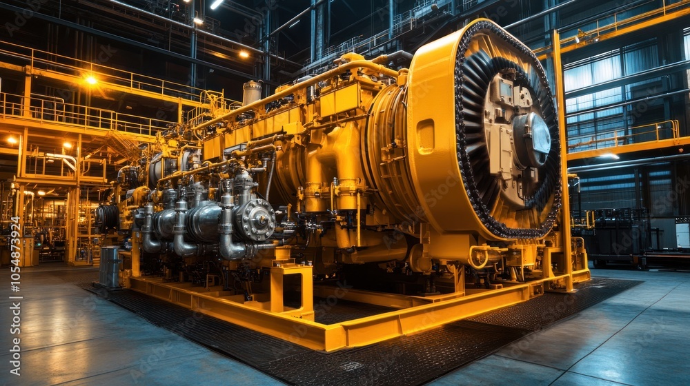 Industrial engine room interior. Industrial power plant main generator with enormous diesel engine. high voltage industrial diesel generator at a power generation plant Industrial engine room interior. Industrial power plant main generator with enormous diesel engine. high voltage industrial diesel generator at a power generation plant