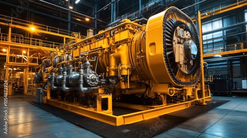 Industrial engine room interior. Industrial power plant main generator with enormous diesel engine. high voltage industrial diesel generator at a power generation plant