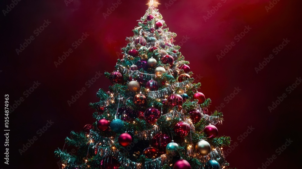 Towering green Christmas tree decorated with jewel-toned vintage ornaments, draped with silver tinsel and warm lights, against a deep burgundy backdrop.