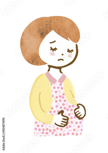 悲しい表情の妊婦さんの上半身手描きイラスト
