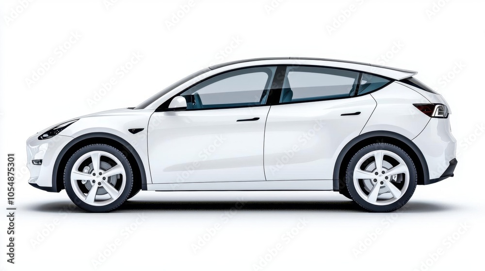A photostock of a white compact car on a white background, modern and sleek. A photostock of a white compact car on a white background, modern and sleek.