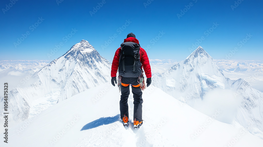A climber in a red jacket stands at the summit of a snow-covered mountain, surrounded by stunning peaks and a clear blue sky. A climber in a red jacket stands at the summit of a snow-covered mountain, surrounded by stunning peaks and a clear blue sky.