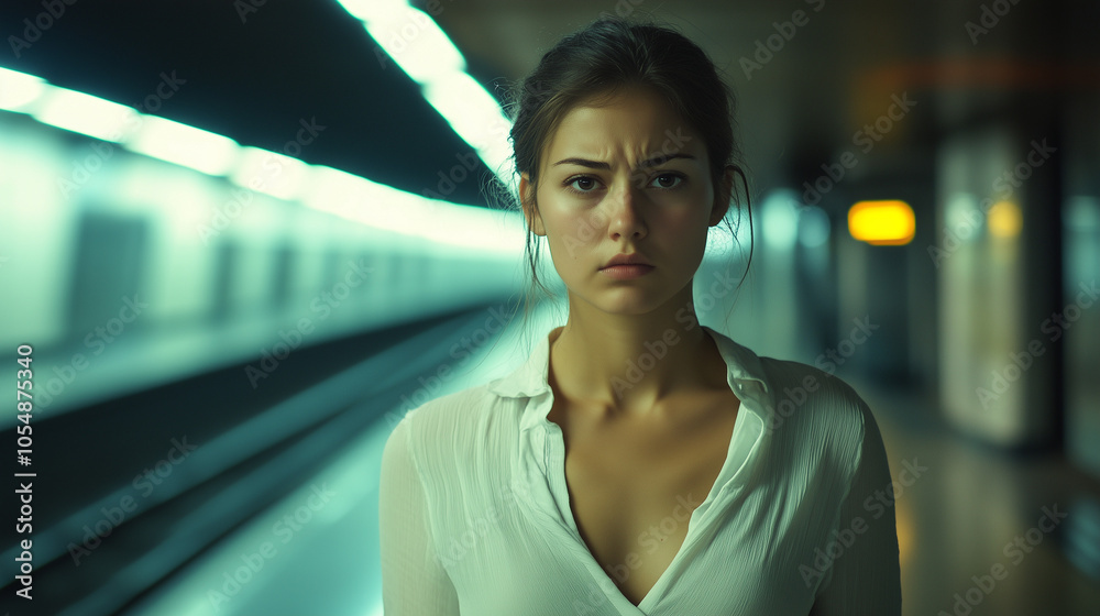 A young woman in a white blouse stands on an empty metro station, looking serious and focused, illuminated by cold neon lights that highlight her mood A young woman in a white blouse stands on an empty metro station, looking serious and focused, illuminated by cold neon lights that highlight her mood