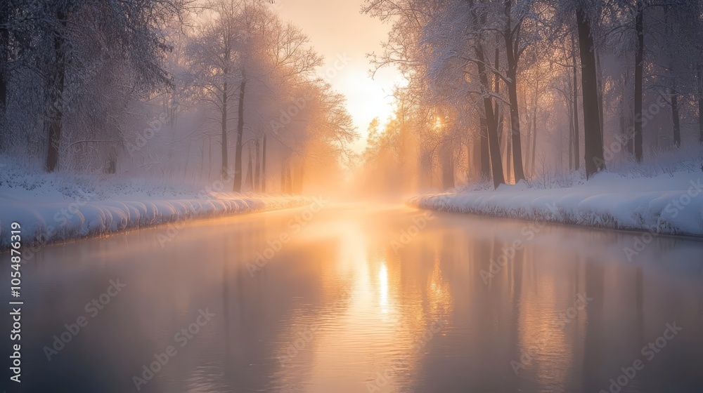 Obraz premium A still river surrounded by snow-covered trees, with mist rising from the water and soft morning light