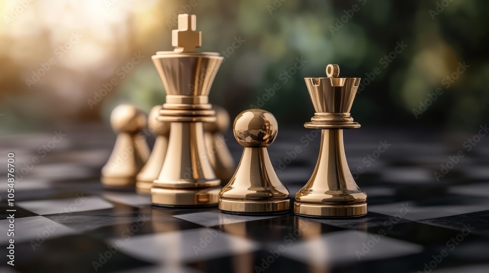 Gold chess pieces locked in strategic battle on a black chessboard, captivating display of intellect and competition Gold chess pieces locked in strategic battle on a black chessboard, captivating display of intellect and competition