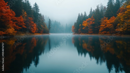 A tranquil lake surrounded by dense autumn forest, with leaves of red, orange, and yellow reflecting on the still water