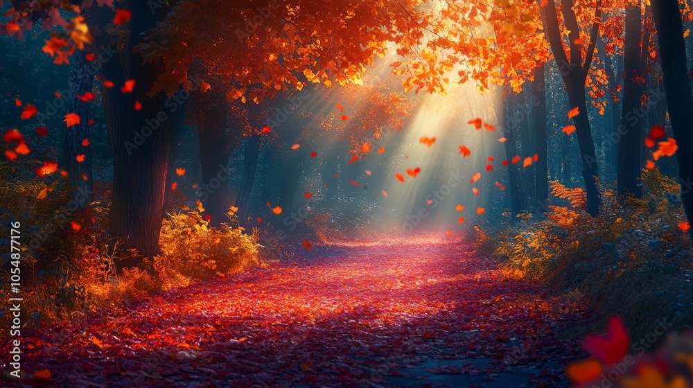 A vibrant autumn path covered in leaves, leading into a dense, colorful forest with sunlight streaming through the trees A vibrant autumn path covered in leaves, leading into a dense, colorful forest with sunlight streaming through the trees