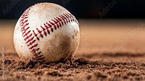 Closeup of a baseball resting on the infield dirt of field