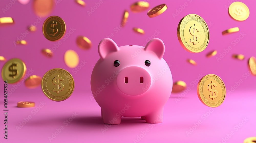 Piggy Bank with Falling Dollar Coins Piggy Bank with Falling Dollar Coins