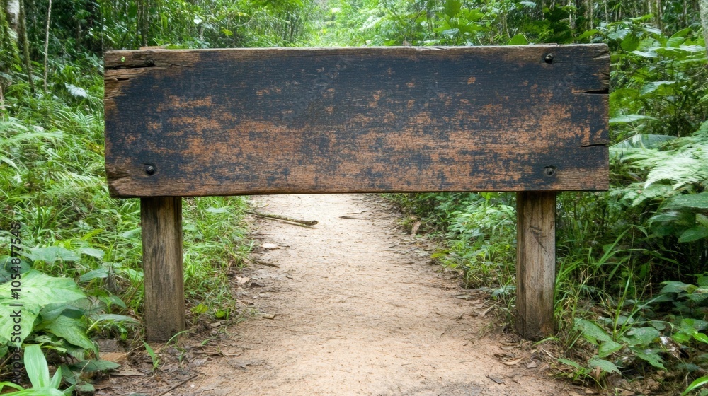 Forgotten pathways, a weathered wooden sign stands silent in the heart of verdant forest Forgotten pathways, a weathered wooden sign stands silent in the heart of verdant forest