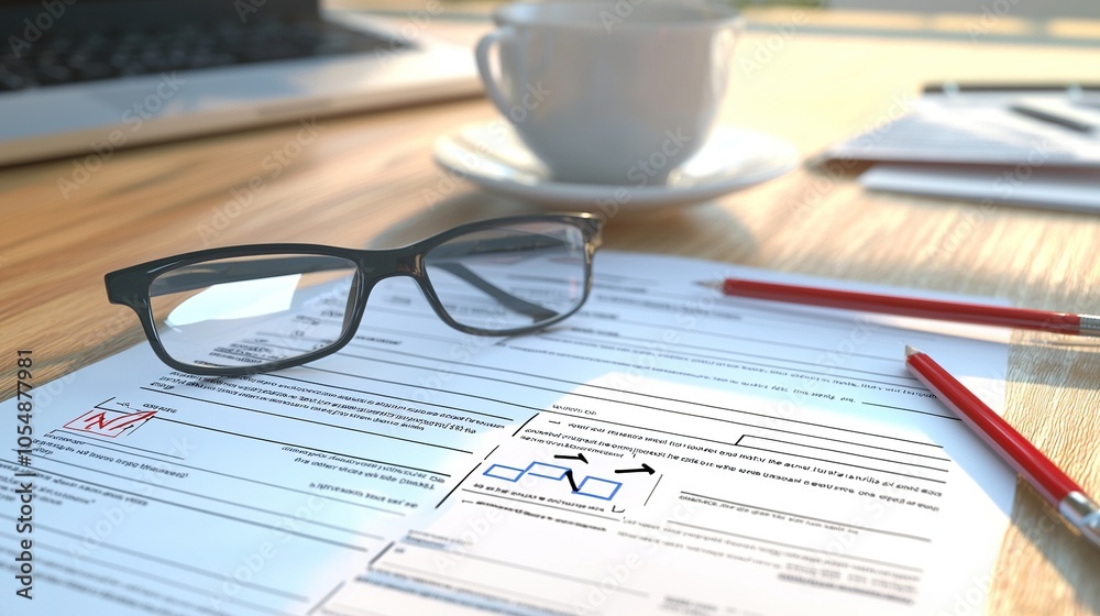 Business Workspace with Glasses Pencil and Documents Business Workspace with Glasses Pencil and Documents