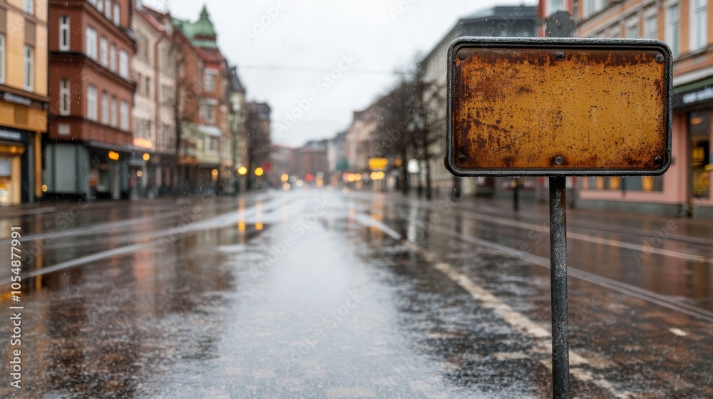 Obraz premium Glistening city street reflects overcast sky after rain shower a