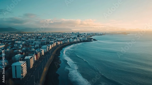 Aerial shot of Reykjaviks coastal skyline, with the deep blue North Atlantic Ocean meeting the vibrant cityscape. No people included. photo