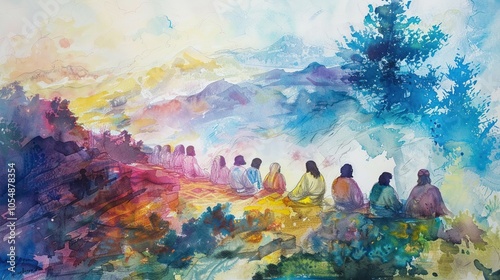 A watercolor scene of the Sermon on the Mount with Jesus teaching amidst a colorful photo