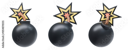 3D Black Bomb Explosion isolated on black background. Set Symbol of Danger icon. Dynamite with Burning Wick.