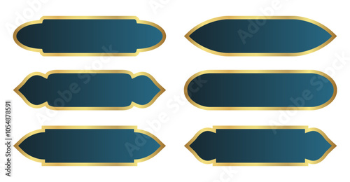 Set of Islamic Ramadan golden frame. Arabic vector design with Turkish Shape Arabic Islamic Banner Title Frame Text Box and green background. Arabesque ribbon sticker for tag banner and sale flyer