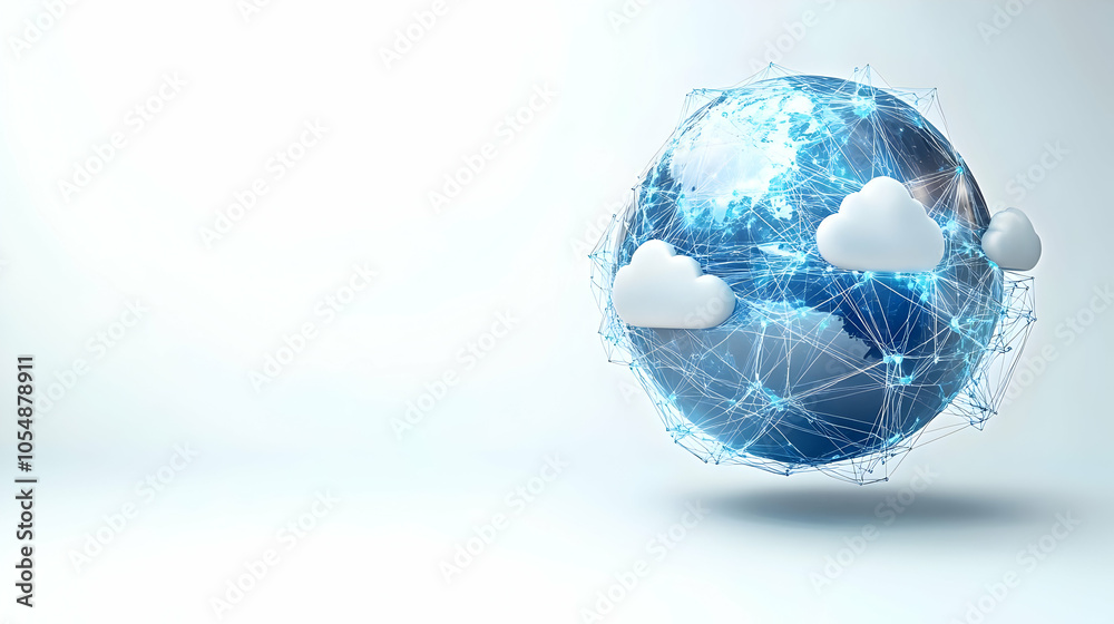 3D Glossy Globe with Cloud Connections Concept � Camera Captures Isolated Glossy Globe with Cloud Network Wraps for Global Development and Cloud Technology Competence on Plain Background 3D Glossy Globe with Cloud Connections Concept � Camera Captures Isolated Glossy Globe with Cloud Network Wraps for Global Development and Cloud Technology Competence on Plain Background