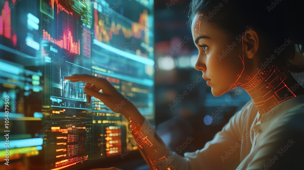Female professional focusing on laptop financial analysis graphs with AI visual effects