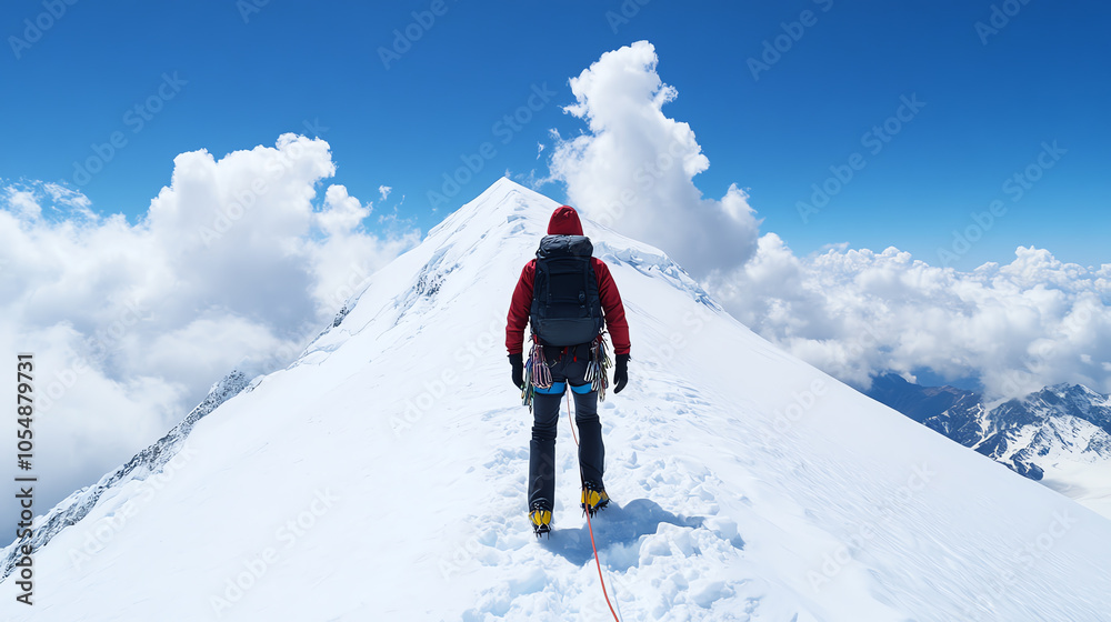A lone climber stands triumphantly on a snowy mountain peak, surrounded by breathtaking clouds and blue skies, embodying the spirit of adventure. A lone climber stands triumphantly on a snowy mountain peak, surrounded by breathtaking clouds and blue skies, embodying the spirit of adventure.