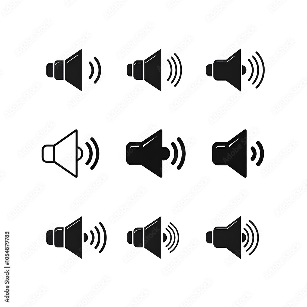 Set of black and white speaker icons with sound waves, arranged in ...