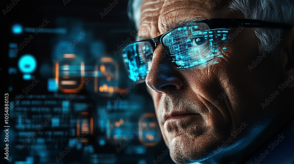 Male entrepreneur analyzing digital charts on computer AI visuals for insights