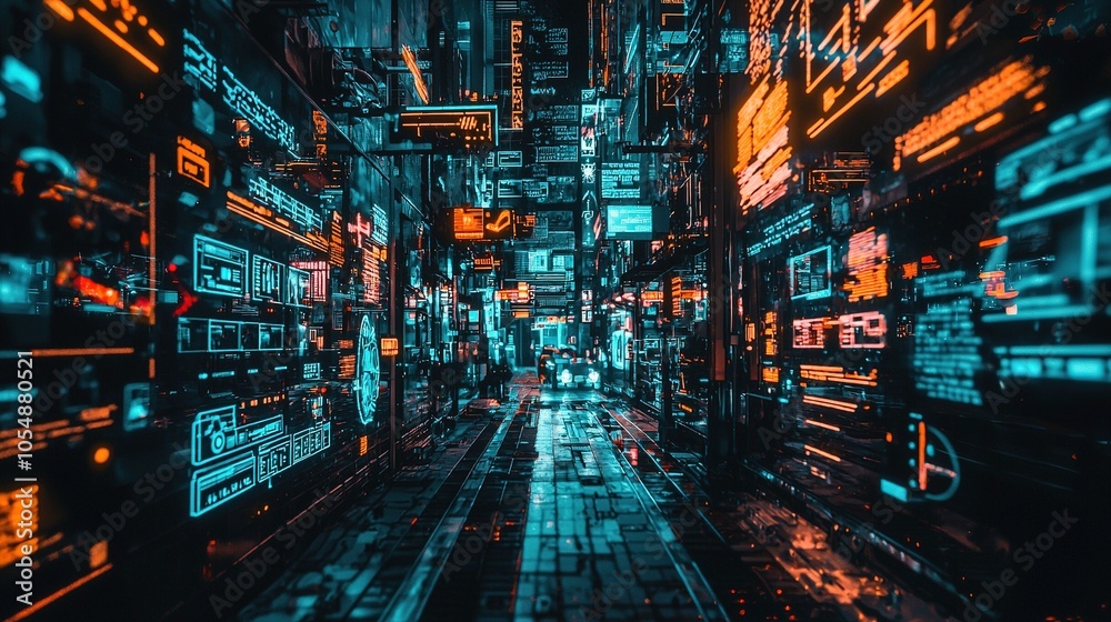 Futuristic Cityscape with Neon Lights and Data Displays Futuristic Cityscape with Neon Lights and Data Displays