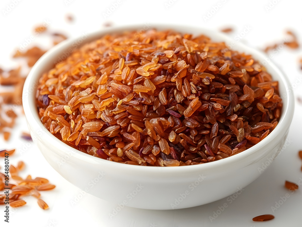 Cooked Red Rice in White Bowl from Side Perspective with Soft Lighting Cooked Red Rice in White Bowl from Side Perspective with Soft Lighting