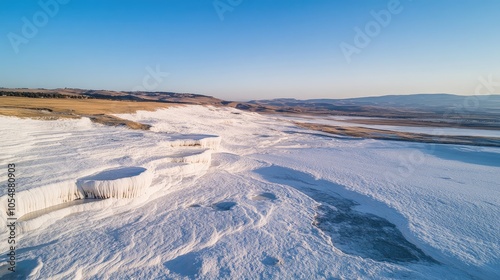 Aerial view of Pamukkale thermal terraces, with the stark white landscape meeting the clear blue sky above. No people included.