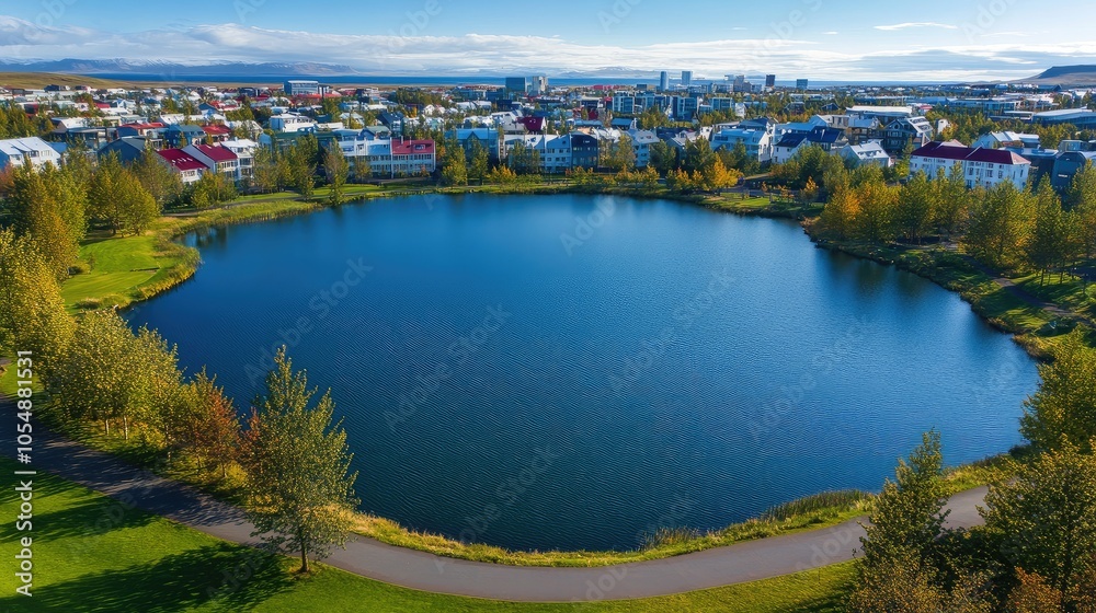 Aerial view of Reykjavik lake, surrounded by colorful buildings and a peaceful park in the heart of the city. No people included. Aerial view of Reykjavik lake, surrounded by colorful buildings and a peaceful park in the heart of the city. No people included.