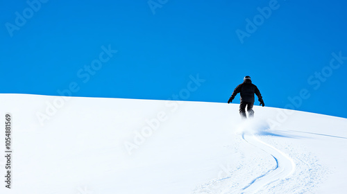 Obraz na płótnie A lone person exploring a pristine snow-covered landscape under a clear blue sky, leaving a trail with each step. w salonie