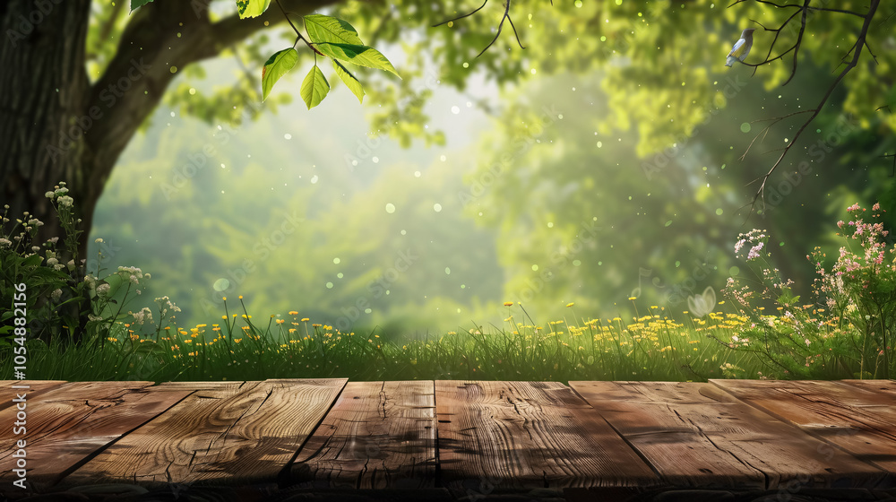 A wooden table with a spring forest background.